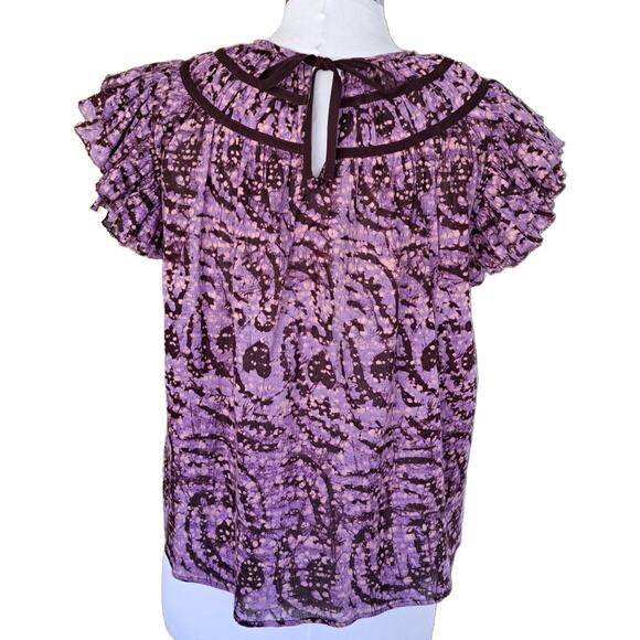 ULLA JOHNSON Amai Blouse Purple Batik Top Size 2 Small Flutter Sleeve Boxy - Picture 4 of 15